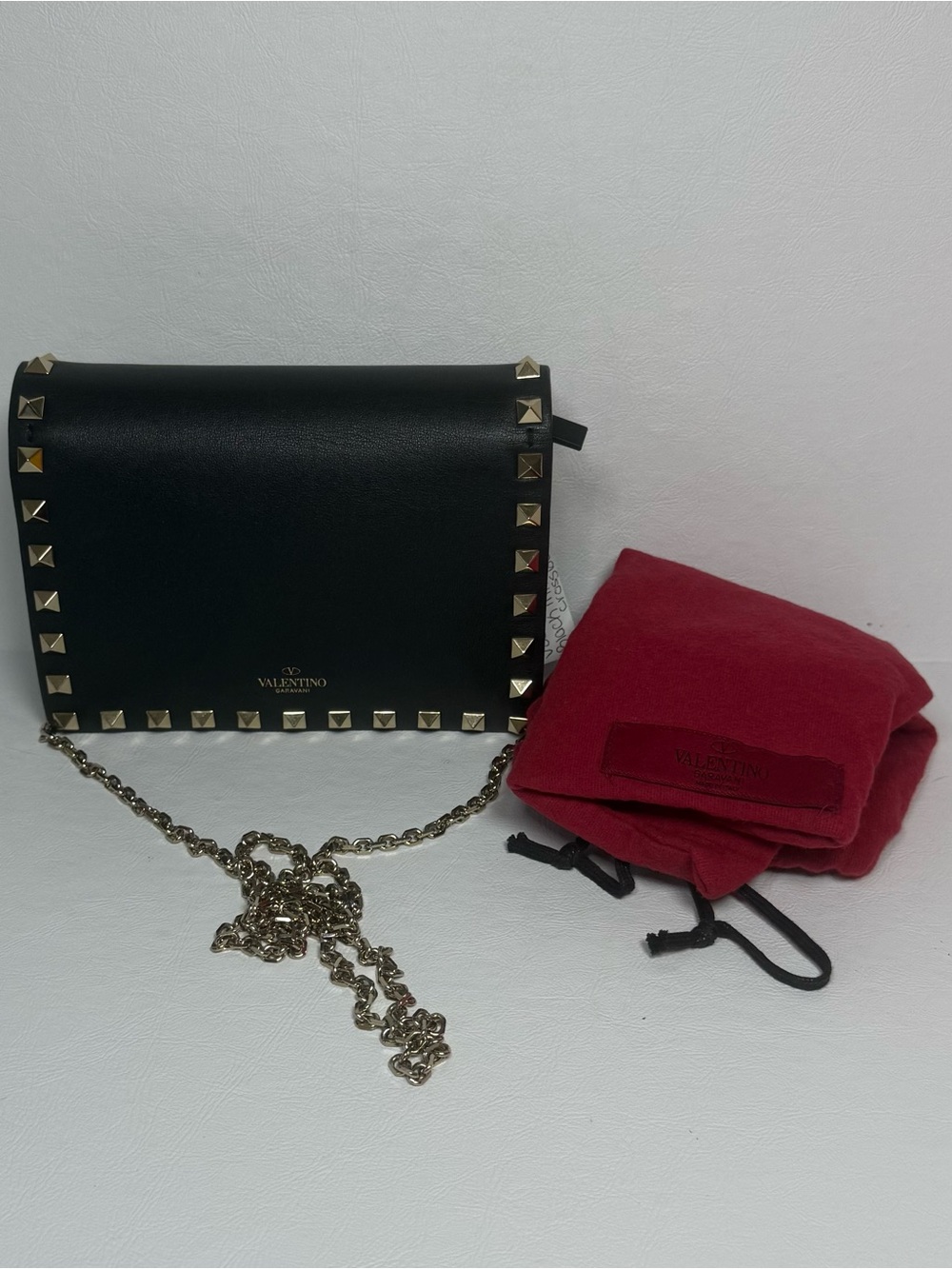 Valentino Rockstud Black Leather Crossbody with Gold Chain Strap